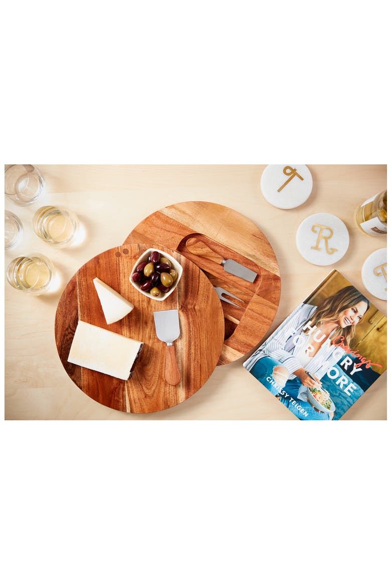 Acacia Wood Cheese Board & Cheese Knives, Alternate, color, BROWN