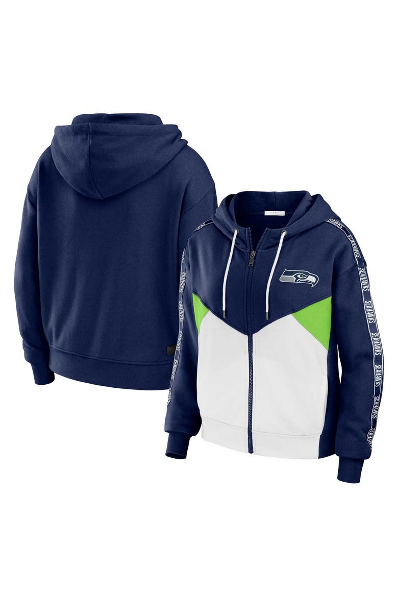 Women's WEAR by Erin Andrews Navy/White Seattle Seahawks Plus Size Color Block Full-Zip Hoodie, Main, color, Navy
