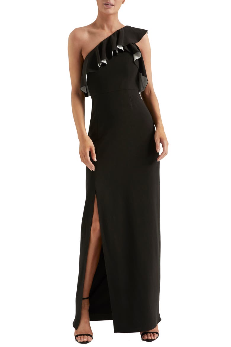 Flounce Crepe Gown, Main, color, BLACK/ CHALK