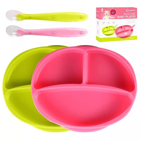 Silicone Suction Divided Plate and Spoon Toddler Training Self Feeding Set, 2-Pack
