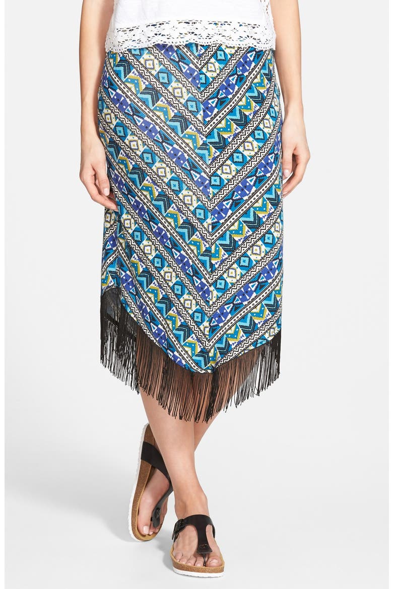 Fringe Print Midi Skirt, Main, color, NAVY PRINT