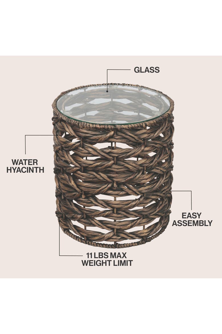 Malaya Bohemian Handwoven Round End Table with Glass Top, Fully Assembled Open Weave Accent Side Table, Alternate, color, Brown