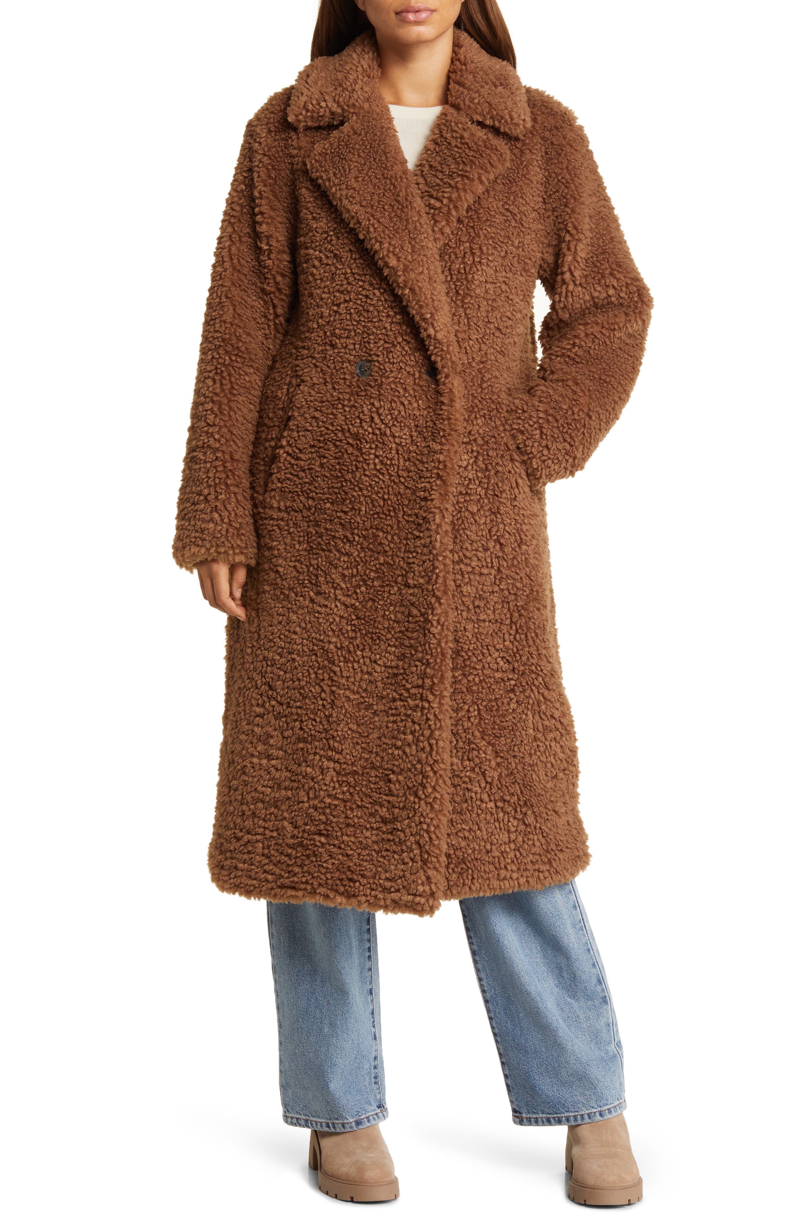 Bernardo Faux Shearling Double Breasted Longline Coat