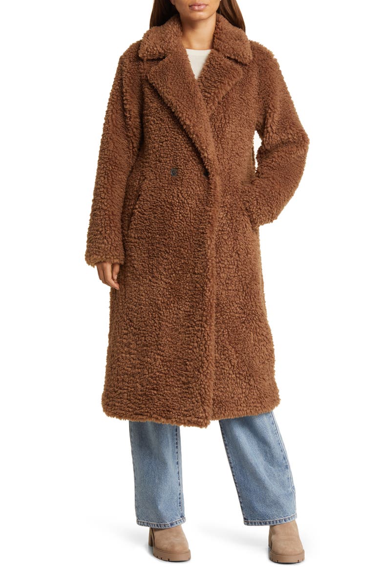 Faux Shearling Double Breasted Longline Coat, Main, color, BROWN