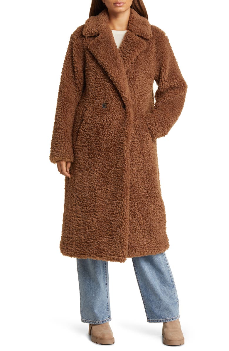 Bernardo Faux Shearling Double Breasted Longline Coat, Main, color, Brown