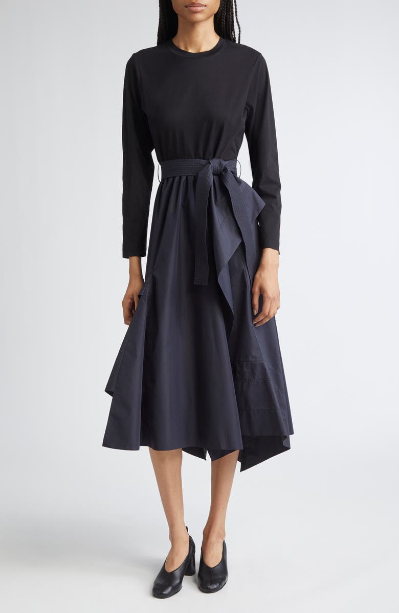 3.1 Phillip Lim Mixed Media Long Sleeve Handkerchief Hem Cotton Blend Dress, Main, color, Black/ Midnight