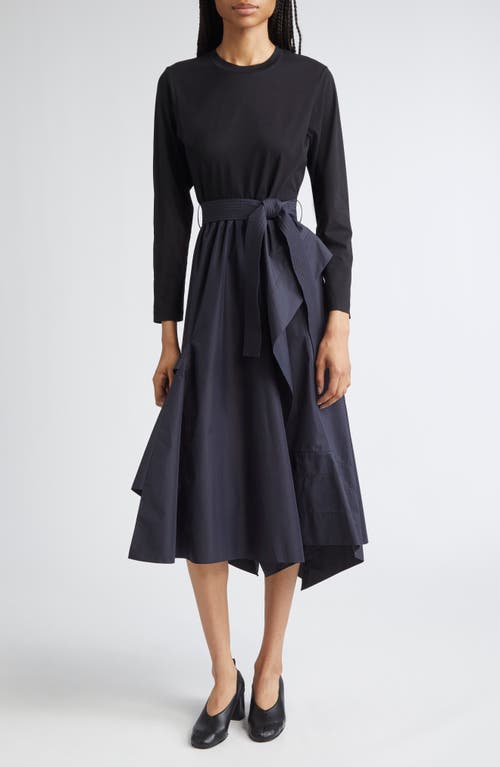 3.1 Phillip Lim Mixed Media Long Sleeve Handkerchief Hem Cotton Blend Dress In Black