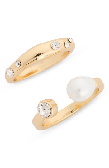 Nordstrom Rack Set Of 2 Faux Pearl & Cz Ring In Clear- White- Gold