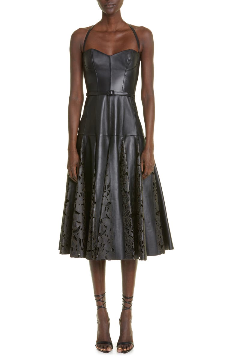 Oscar de la Renta Tulip Belted Laser Cutout Godet Lambskin Leather Dress, Main, color, 