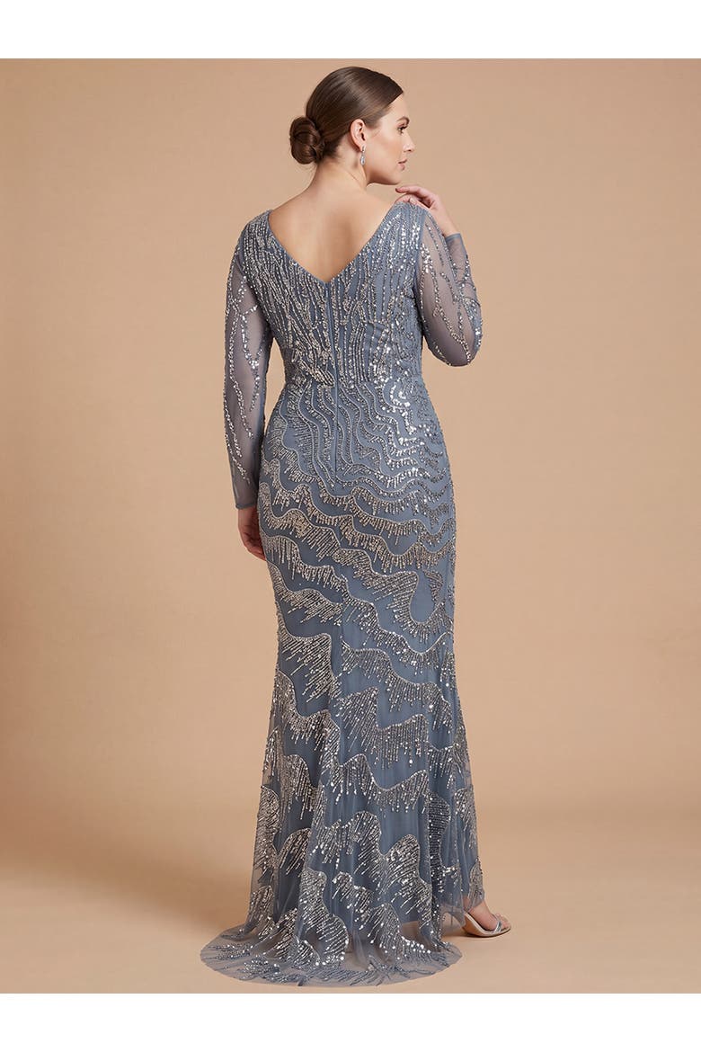 Long Sleeve V-Neck Sheath Gown, Alternate, color, Gunmetal