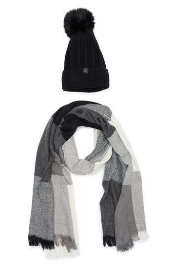 Nanette Lepore Faux Fur Pompom Beanie & Scarf Gift Set In Gray