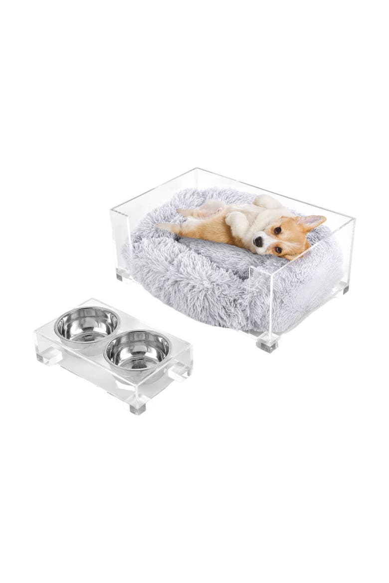 Billie Modern Acrylic Calming Fluffy Pet Bed with Washable Cushion and Elevated Pet Feeder with 2-Stainless Steel Bowls, Main, color, Light Gray/Clear