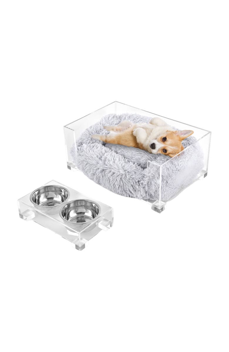 The Licker Store Billie 24" x 15.75" Small Modern Lucite Calming Fluffy Pet Bed with Washable Cushion and 4" Elevated Pet Feeder with 27 oz 2-Stainless Steel Bowls, Main, color, Light Gray/Clear