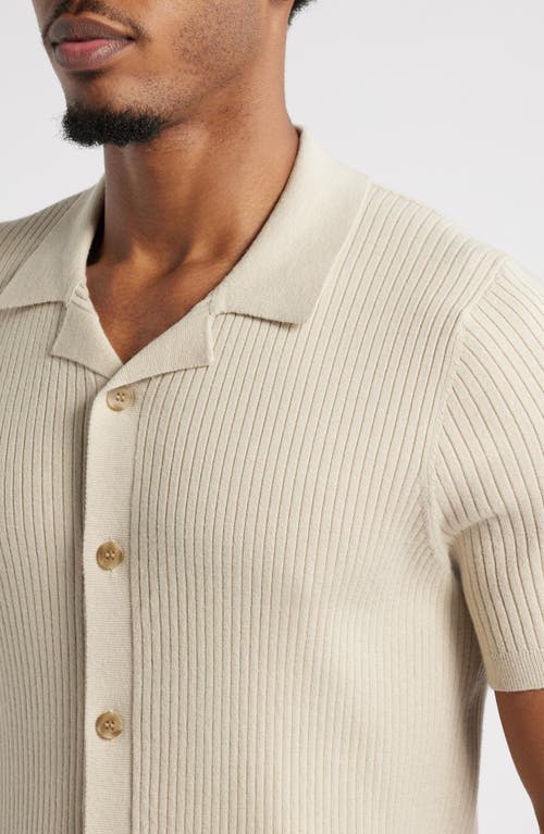 Open Edit Ribbed Short Sleeve Camp Collar Cardigan In Beige Birch