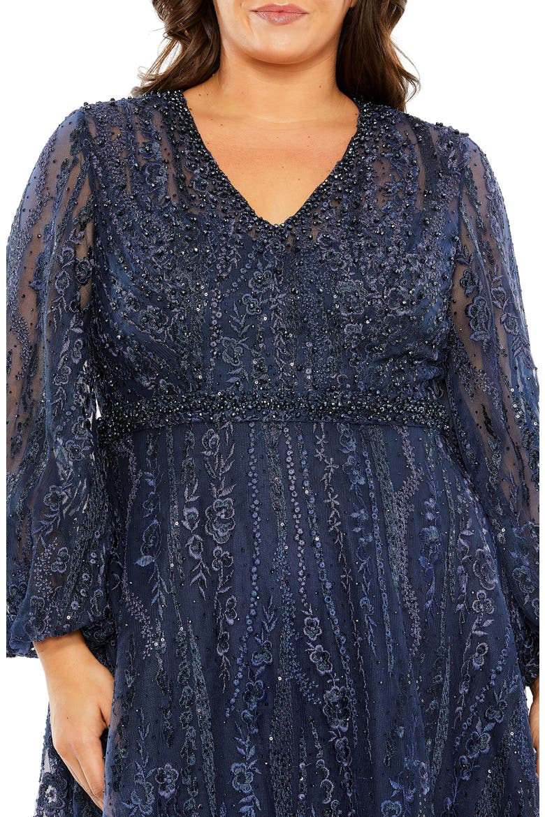 V-Neck Puff Sleeve Embroidered A Line Gown, Alternate, color, MIDNIGHT
