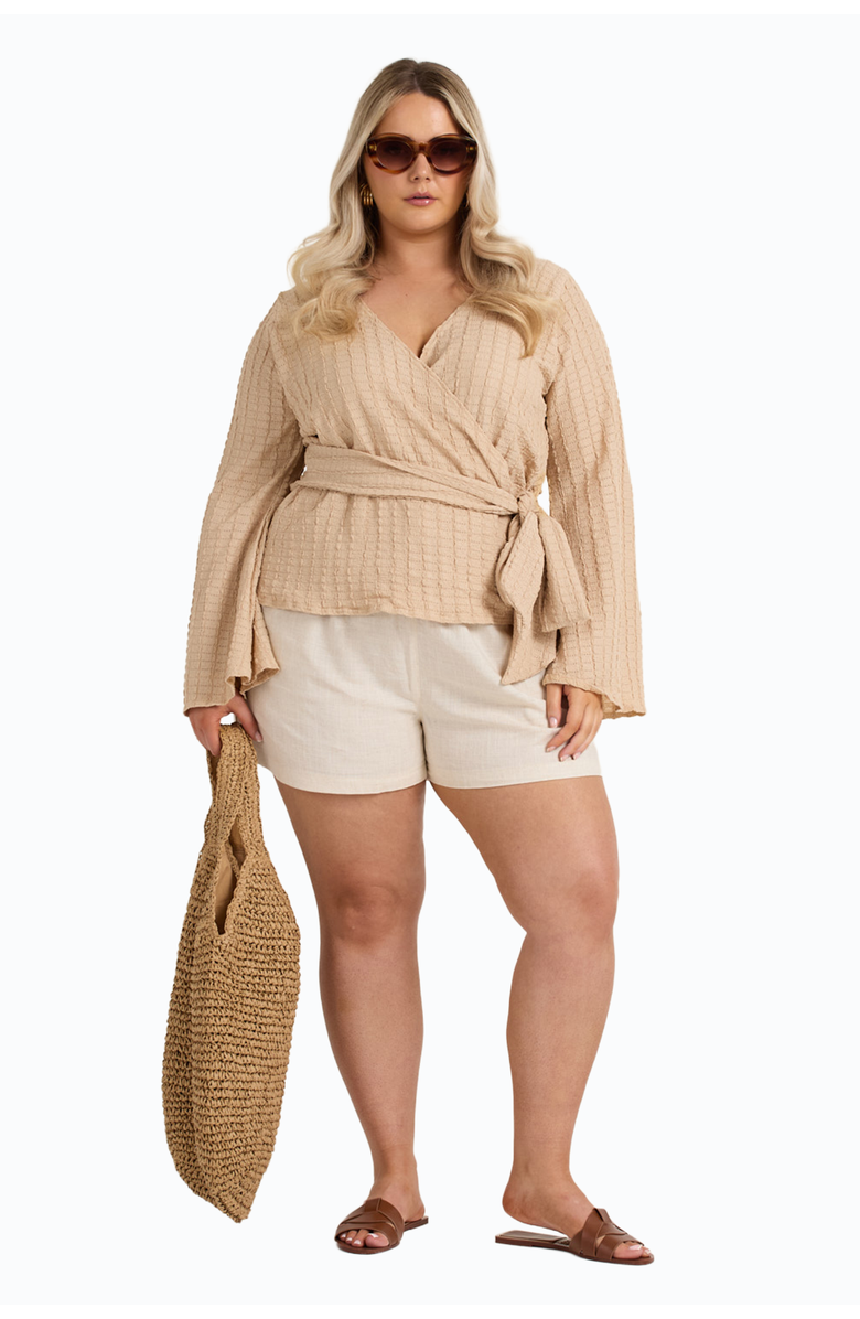 FASHION-SZN CURVE Kimono Wrap Front Belted Top, Alternate, color, Stone