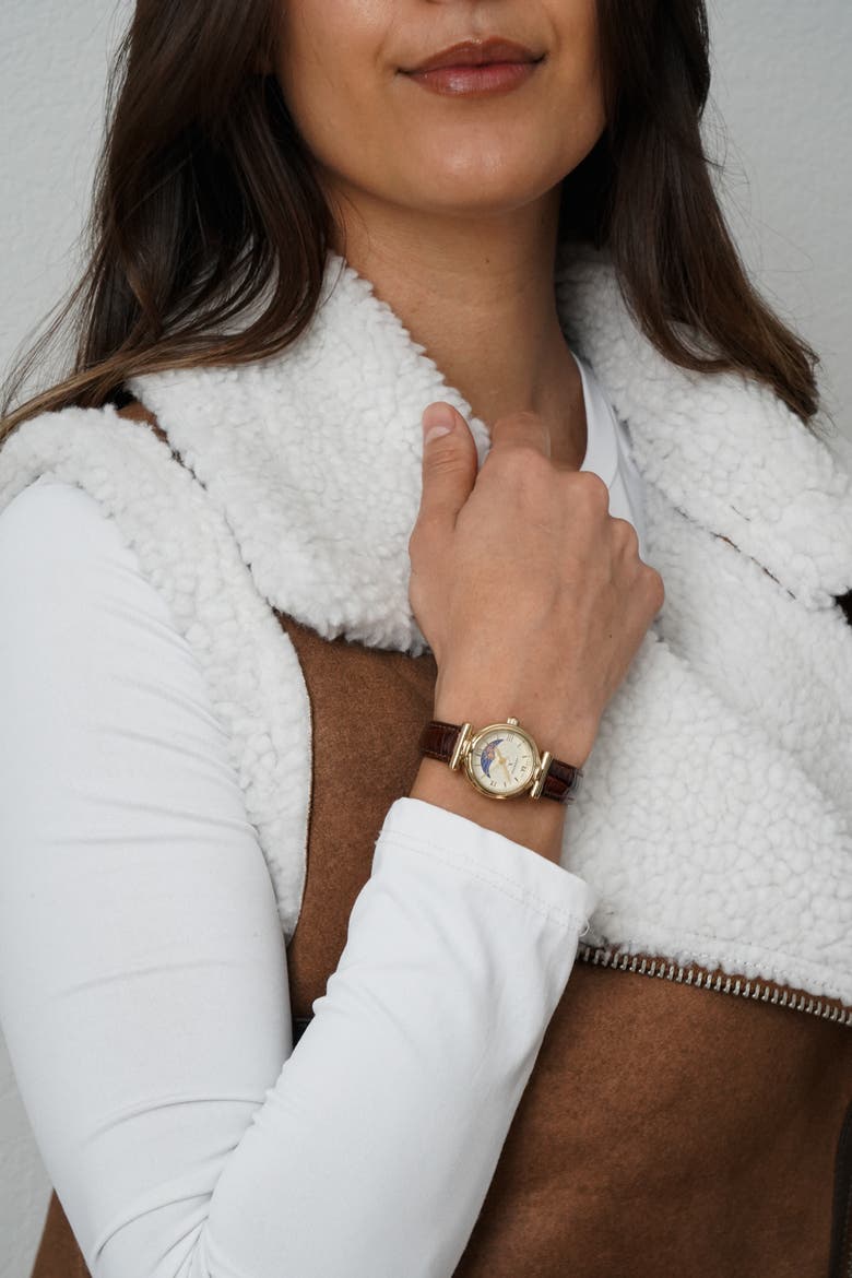 Petite Sun Moon Glossy Leather Watch- 25MM, Alternate, color, Champagne