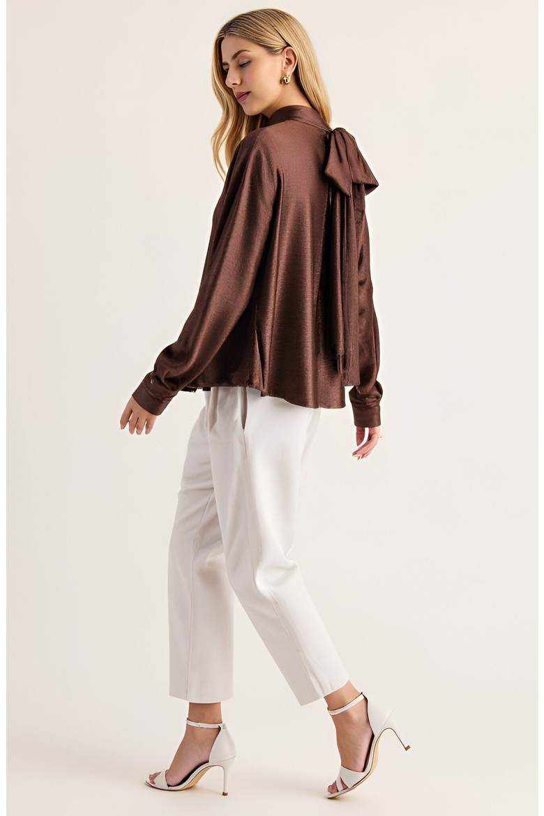 Satin Long Sleeve Blouse with Gathered Neckline and Tie Back Bow, Alternate, color, Brown