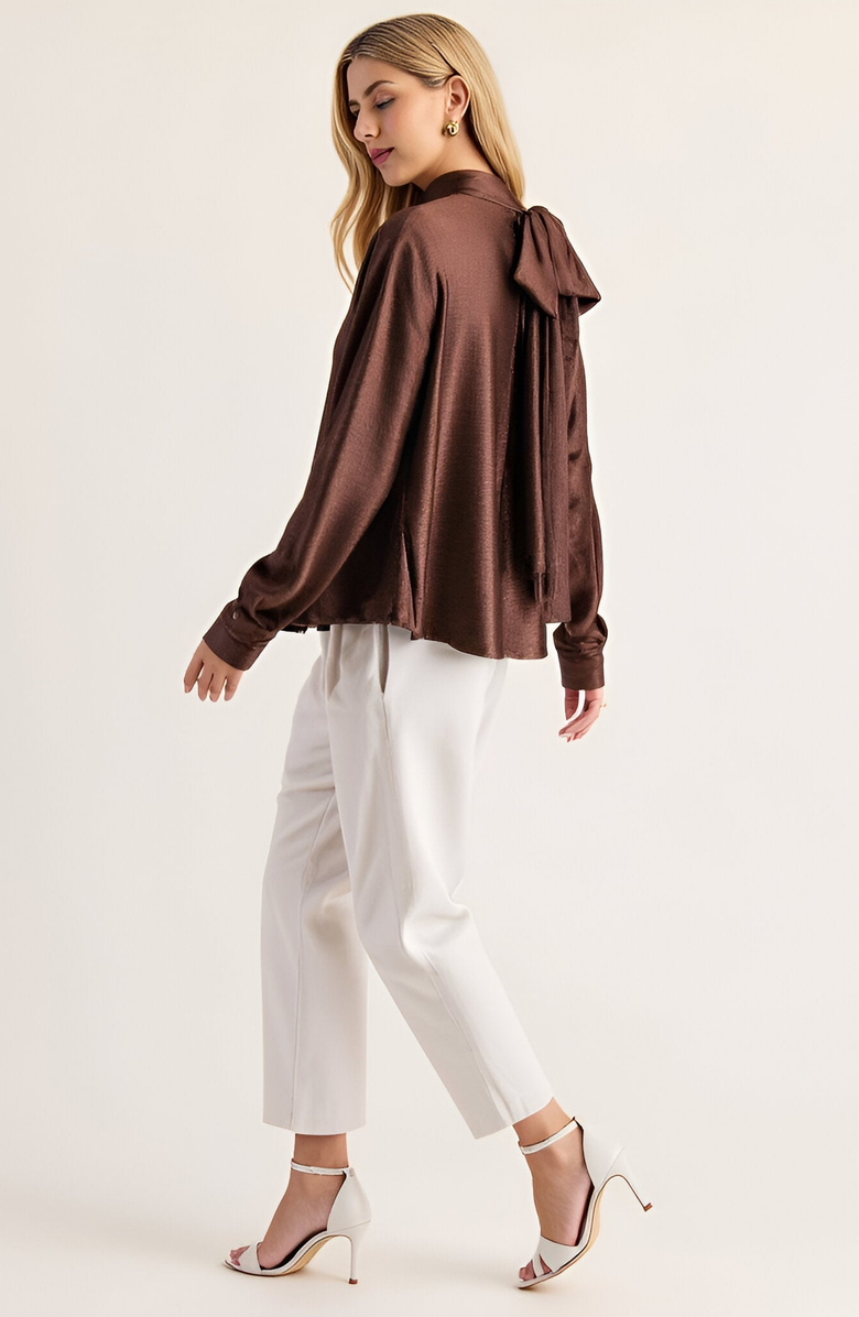 Modenaire Satin Long Sleeve Blouse with Gathered Neckline and Tie Back Bow, Alternate, color, Brown