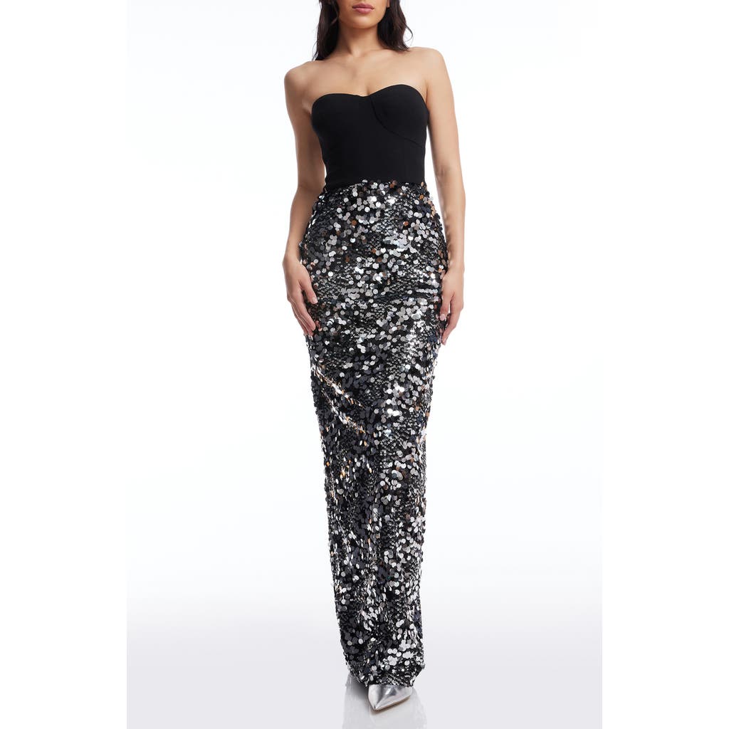Dress The Population Vada Sequin & Paillette Strapless Gown In Silver Multi