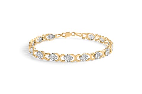 10K Yellow Gold 1.00 Ctw Diamond 5 Stone Floral Cluster and "X" Link Bracelet