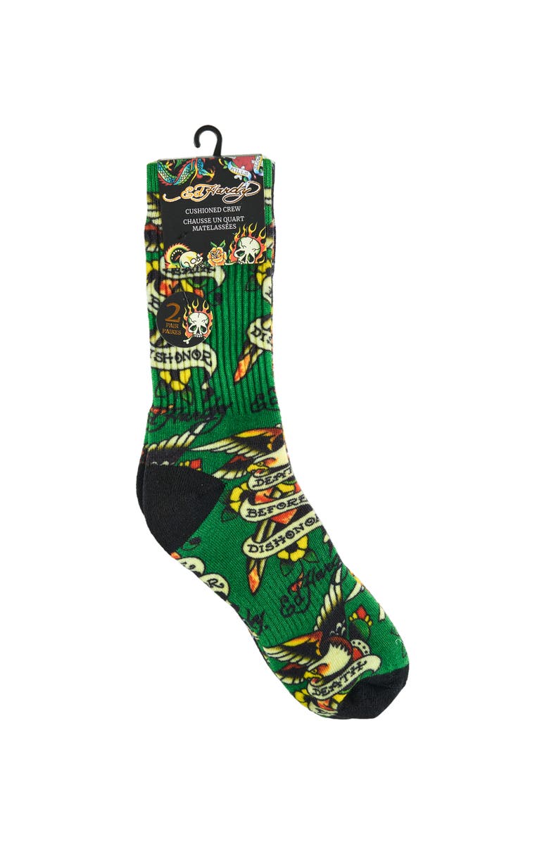 Ed Hardy Bulldog 360 Print Full Cushion Crew Sock 2-Pack, Alternate, color, Green