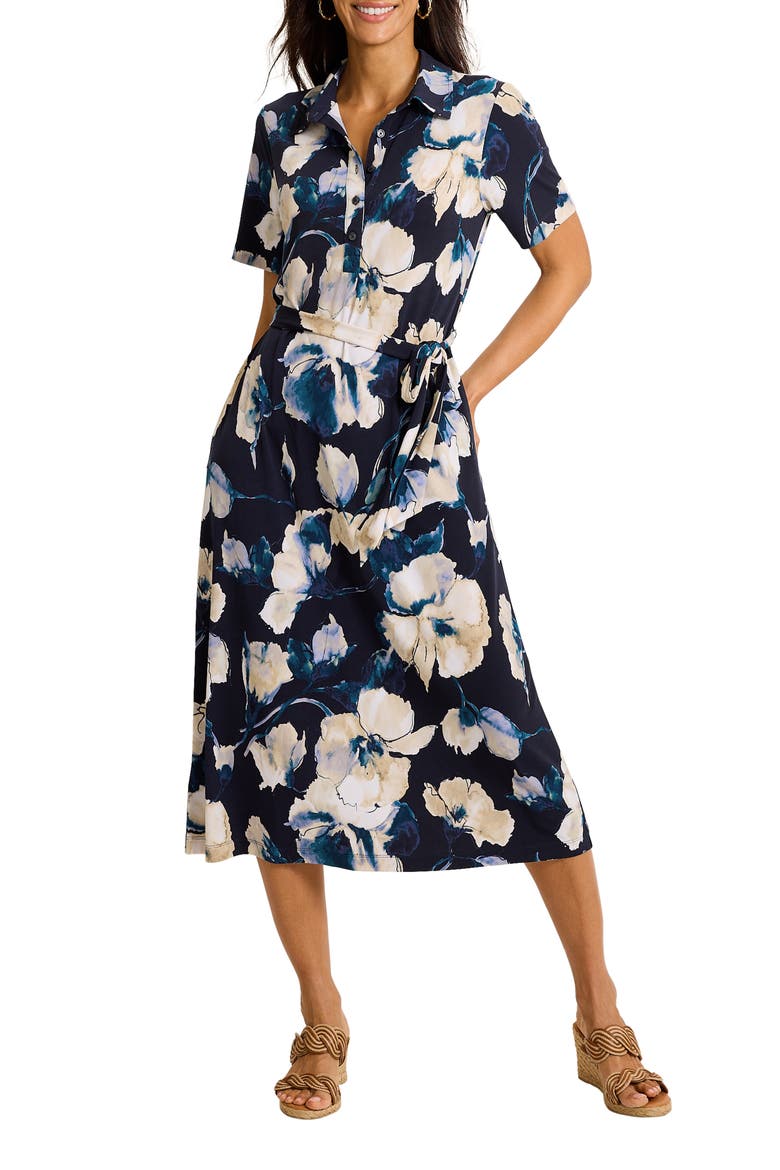 Carmela Beleza Blossom Tie Belt UPF 30+ Shirtdress, Main, color, COASTLINE