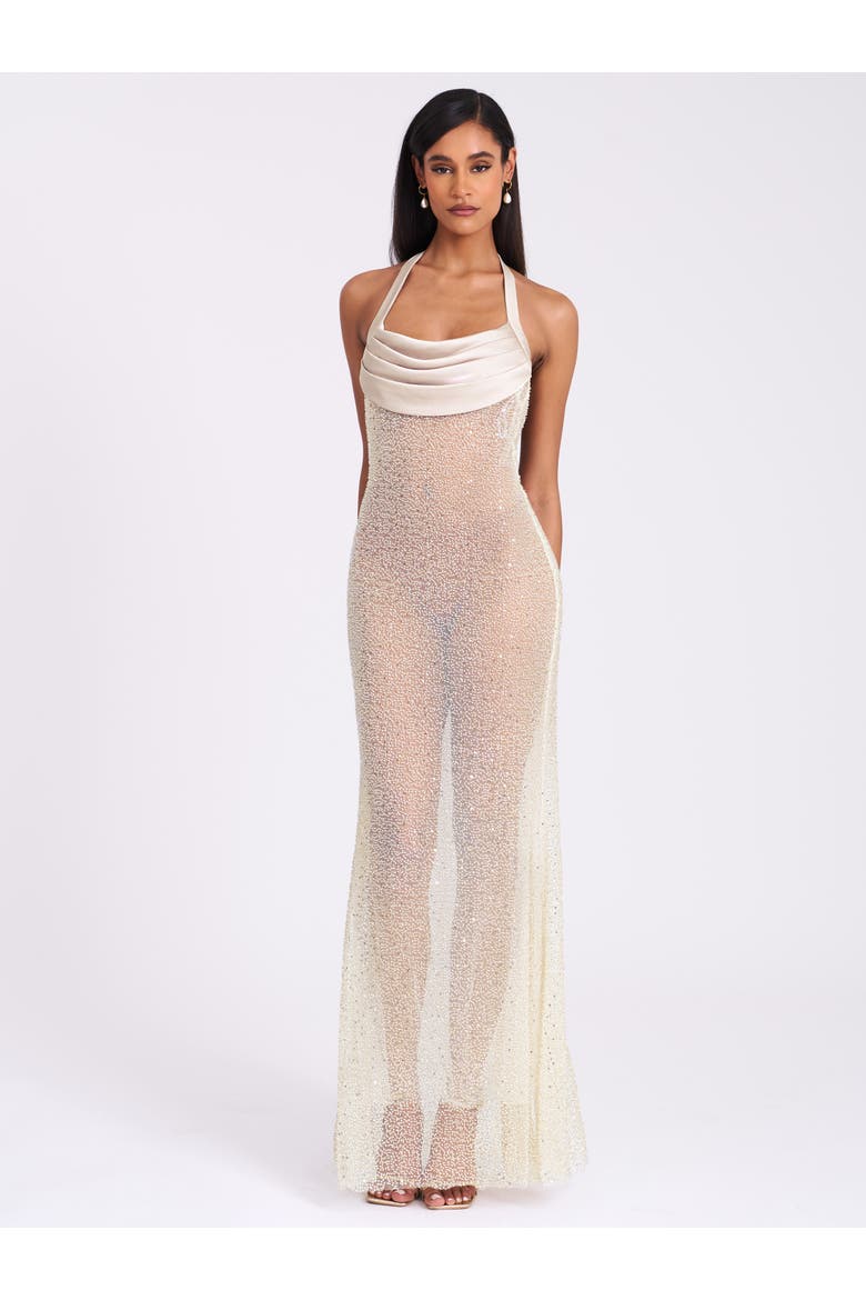 Zahya Halter Backless Beaded Mesh Gown, Alternate, color, Lime Green