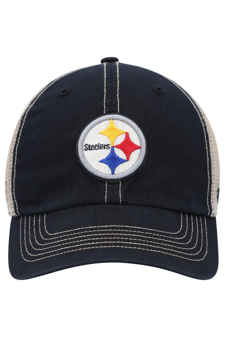 Men's '47 Black/Natural Pittsburgh Steelers Trawler Trucker Clean Up Snapback Hat, Alternate, color, Black