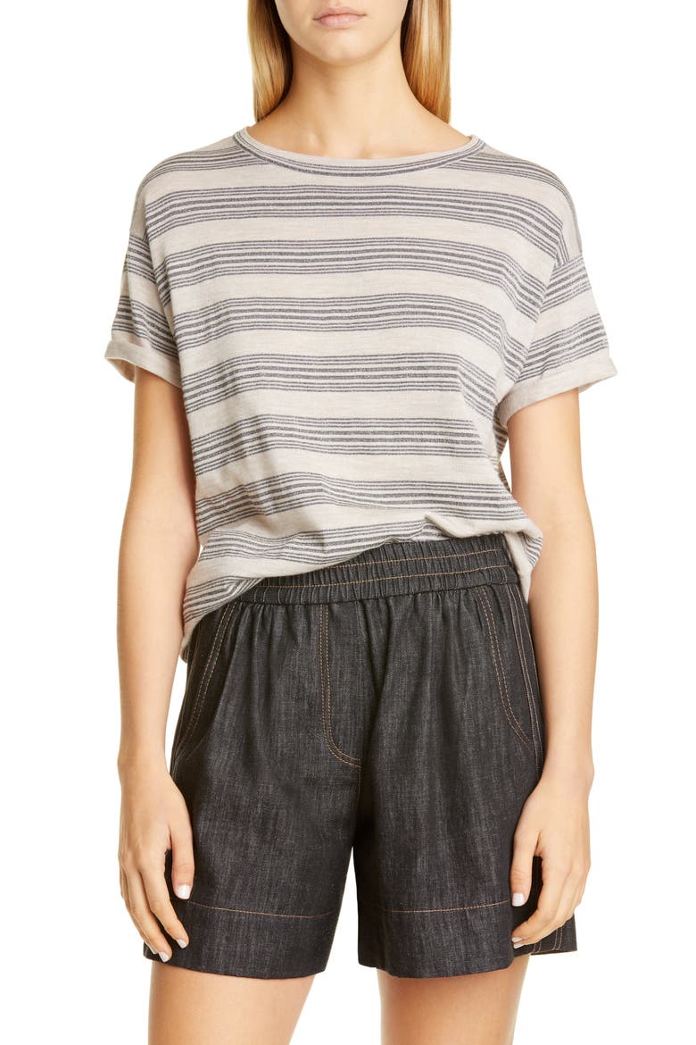 Metallic Stripe Wool & Cashmere Sweater Tee, Main, color, GRAIN