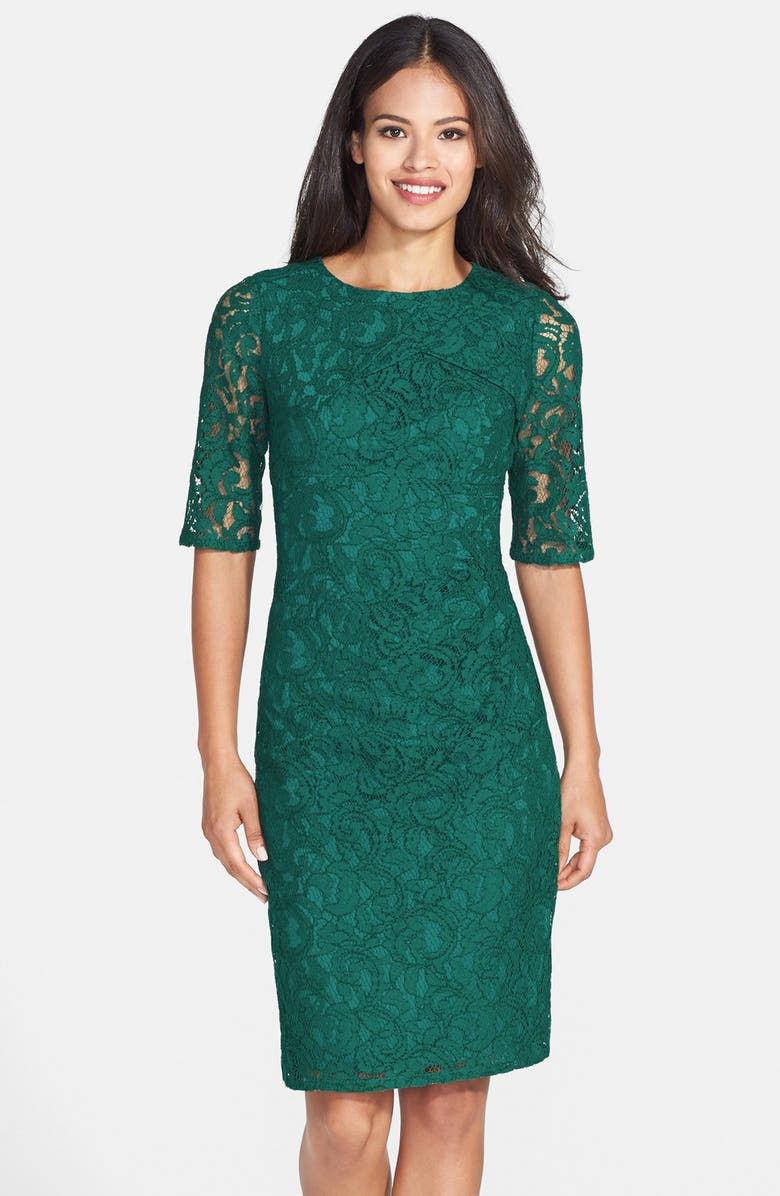 Adrianna Papell Pleat Neck Lace Sheath Dress, Main, color, 