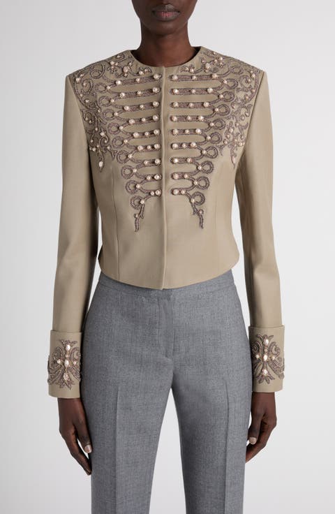 Faux Pearl Embellished Military Jacket