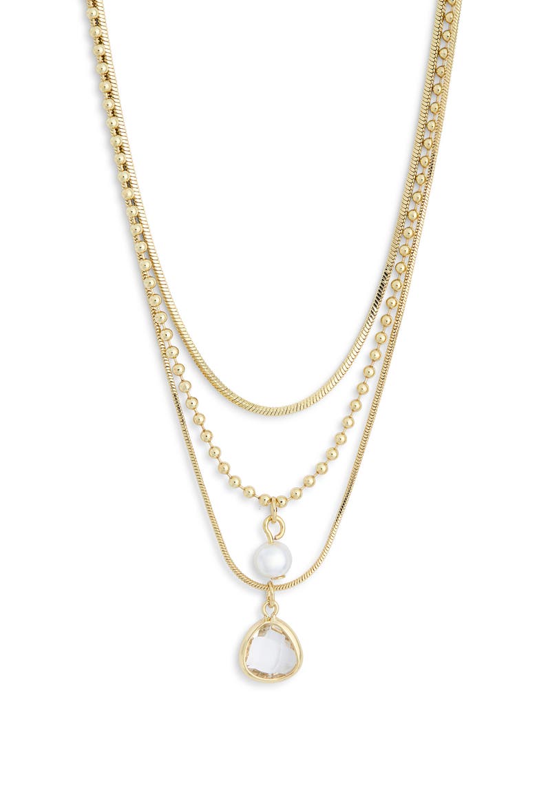 Set of 3 Faux Pearl & Cubic Zirconia Pendant Necklaces, Main, color, CLEAR- WHITE- GOLD
