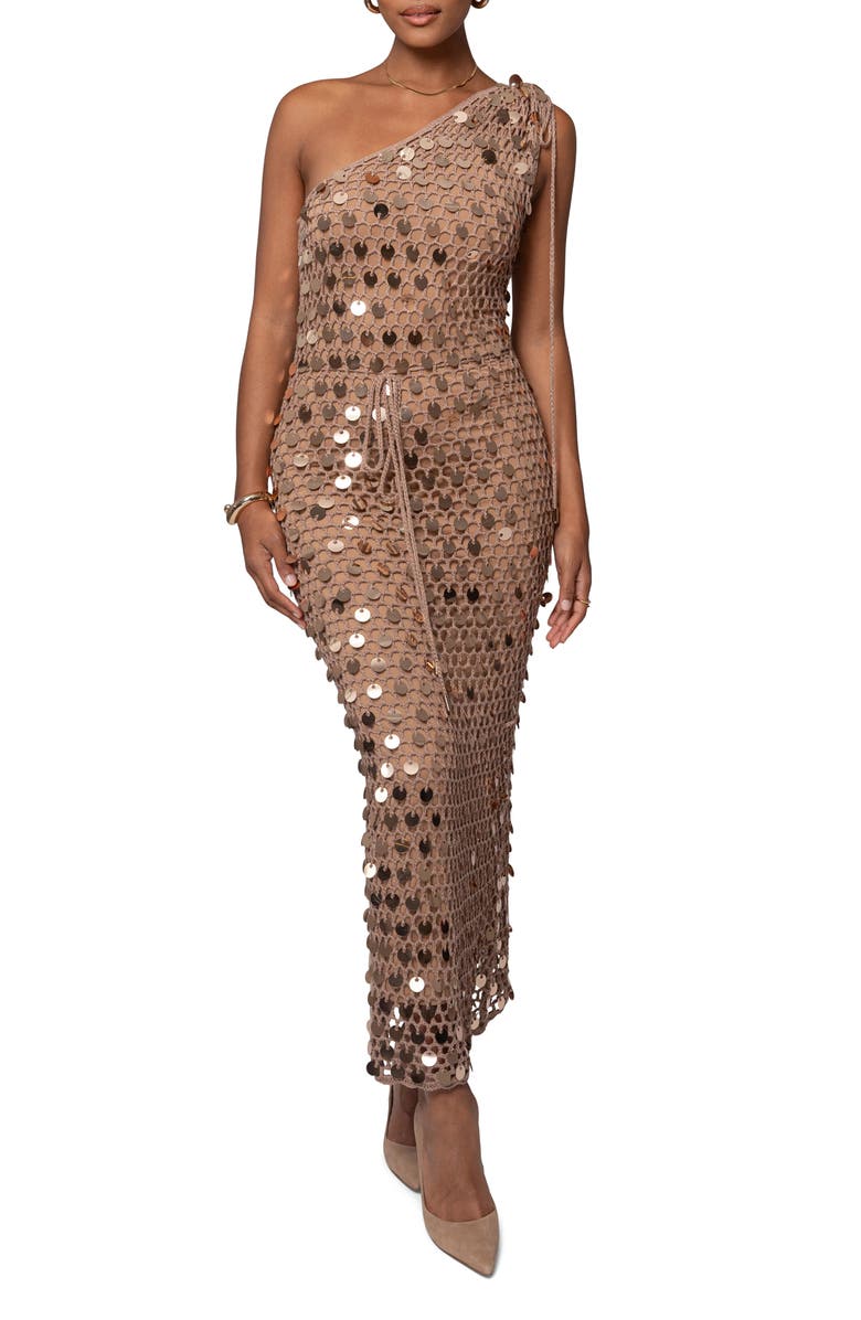 JLUXLABEL Opulent Paillette One-Shoulder Maxi Dress, Main, color, Beige
