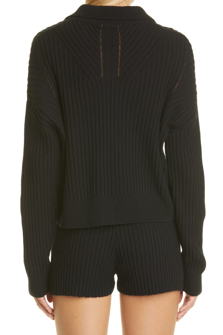 Maxine Ribbed Merino Wool & Cotton Blend Polo Sweater, Alternate, color, BLACK