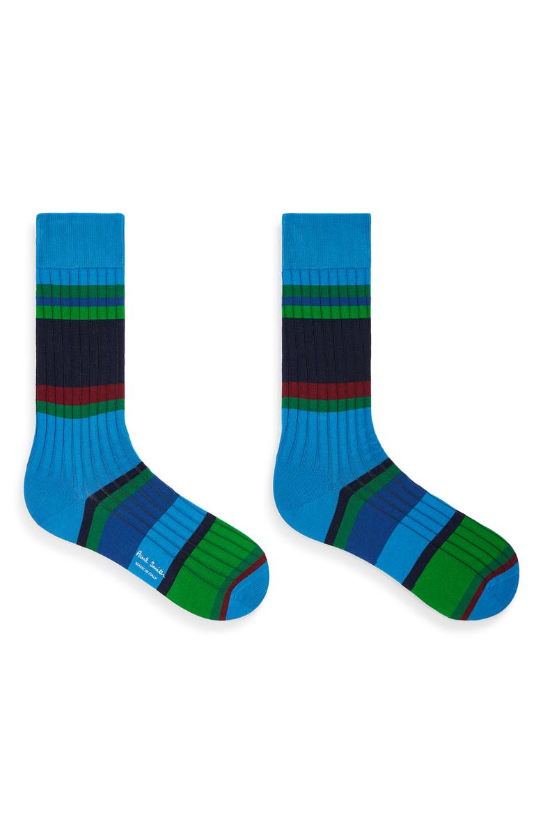 Paul Smith Stripe Rib Cotton Blend Dress Socks, Alternate, color, 42_Turquoise
