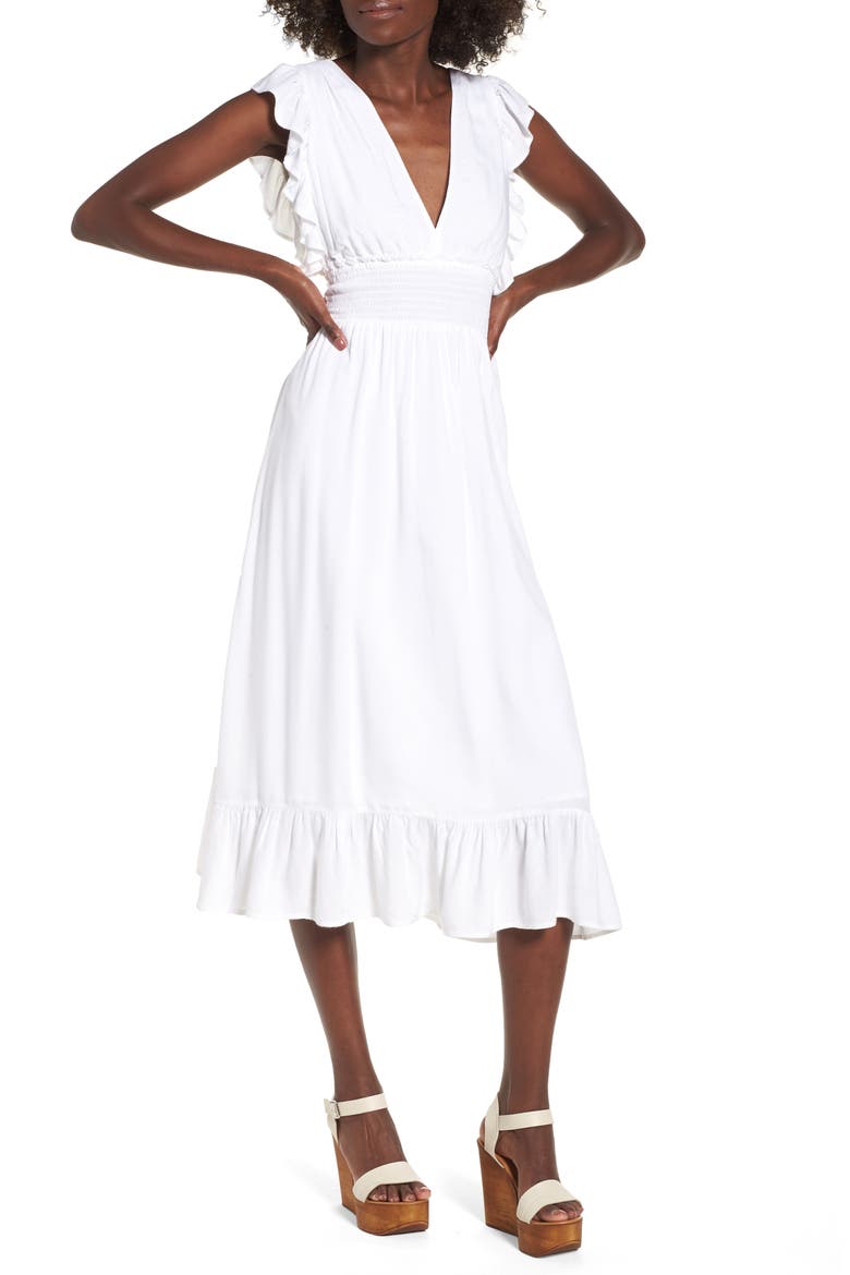 Ruffle Trim Midi Dress, Main, color, WHITE