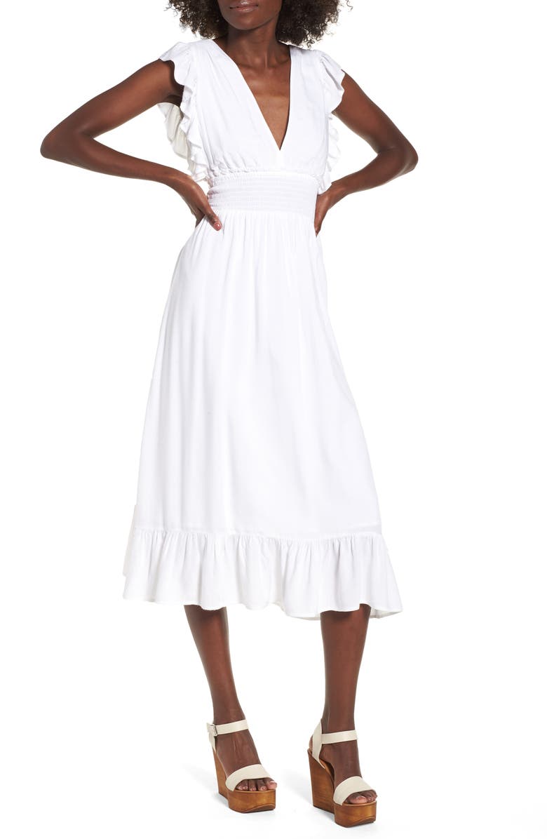BP. Ruffle Trim Midi Dress, Main, color, 