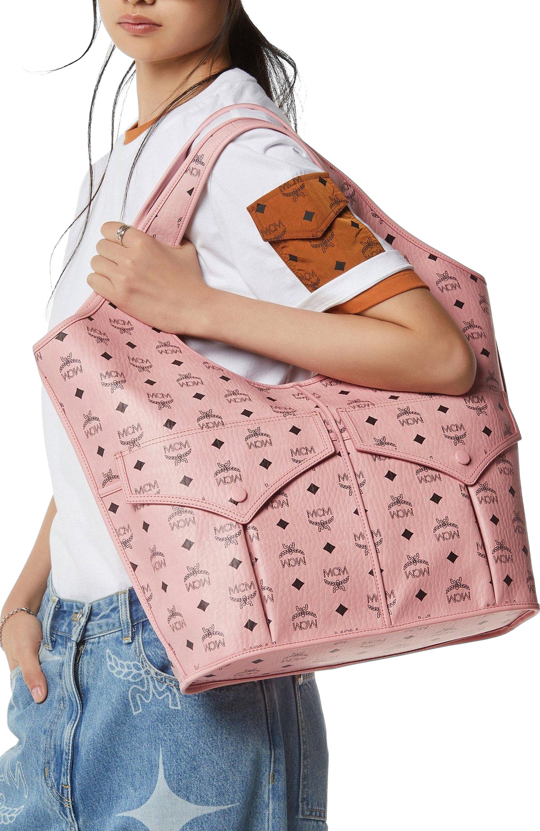 MCM Leni Shopper in Visetos, Alternate, color, Soft Pink