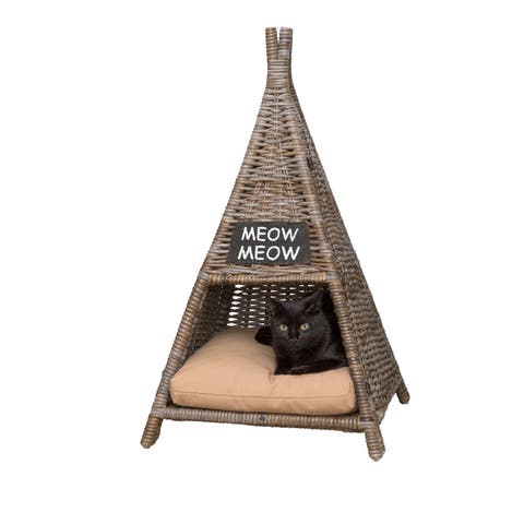 Tiki Tent 20" X 20" Coastal Handwoven Rattan Pet Bed With Machine-washable Cushion