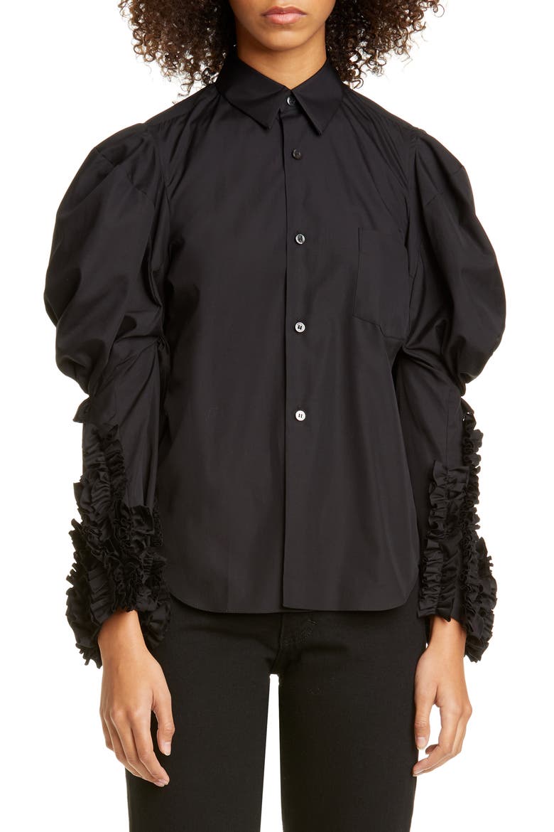 Puff Sleeve Ruffle Cotton Shirt, Main, color, BLACK