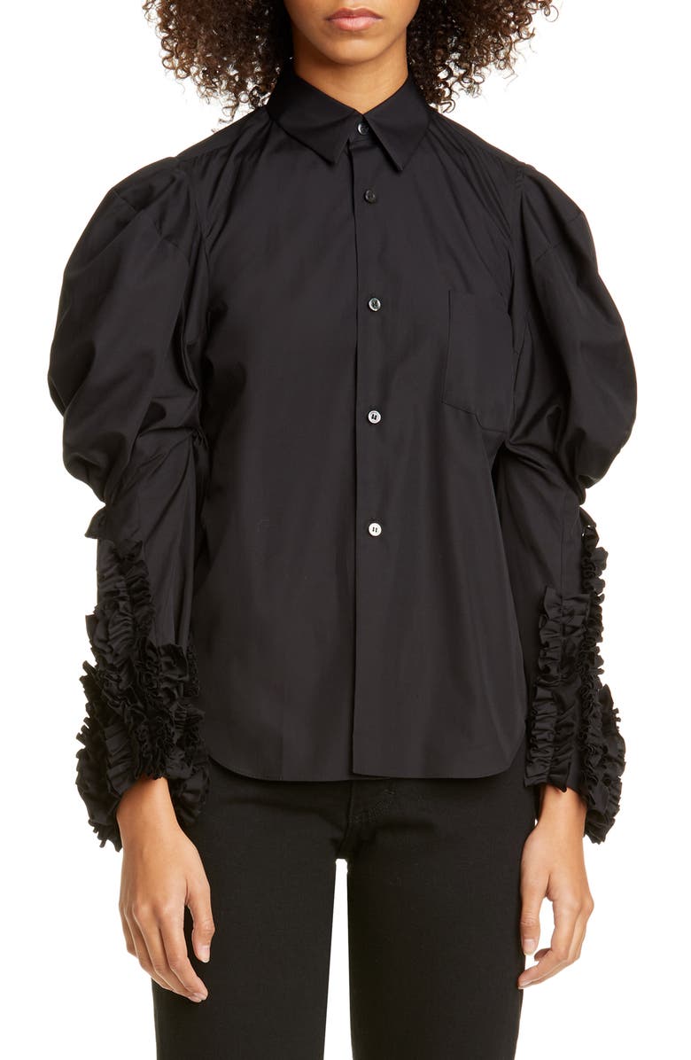 Comme des Garçons Puff Sleeve Ruffle Cotton Shirt, Main, color, 
