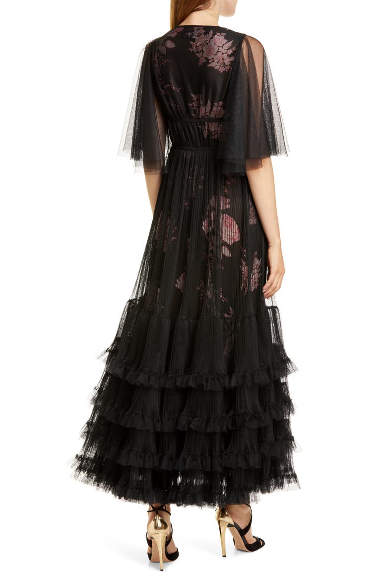 Pleated Tulle Overlay Floral Gown, Alternate, color, BLACK
