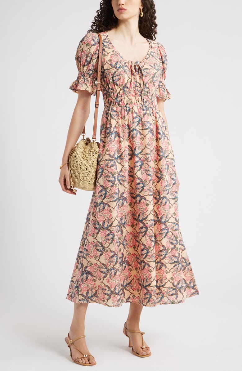 Chelsea28 Smocked Waist Maxi Dress, Alternate, color, Orange-Navy Foliage Medallion