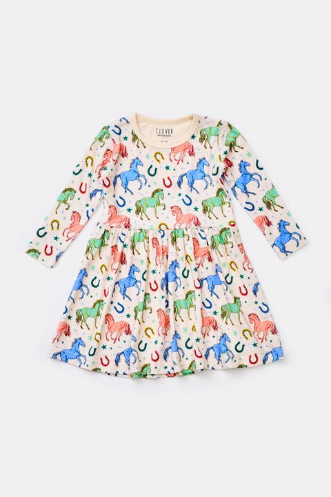 Stretchy Long Sleeve Twirl Dress - Horses (Toddler & Little Kid)