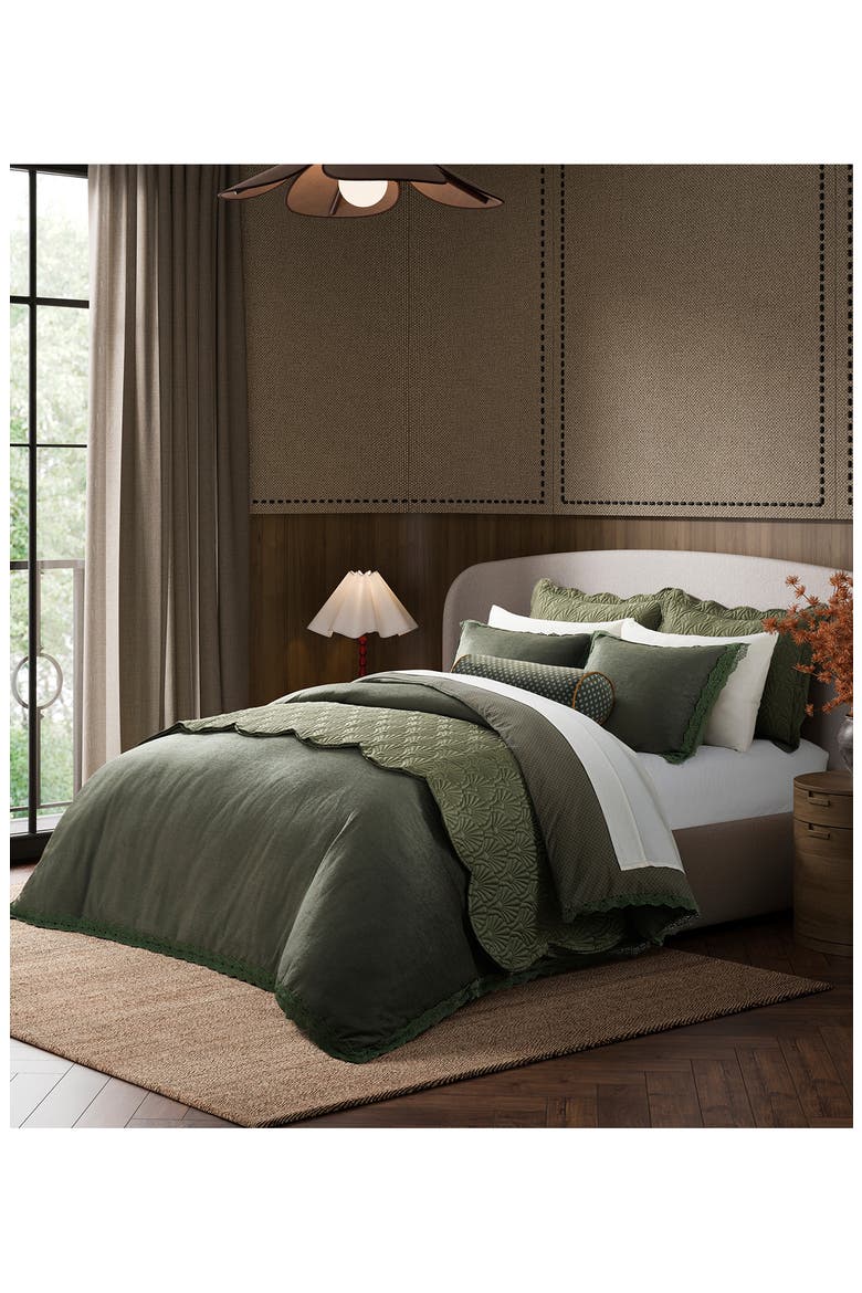 Chenille Lace Trim Duvet Cover & Pillow Shams Set, Alternate, color, FOREST GREEN