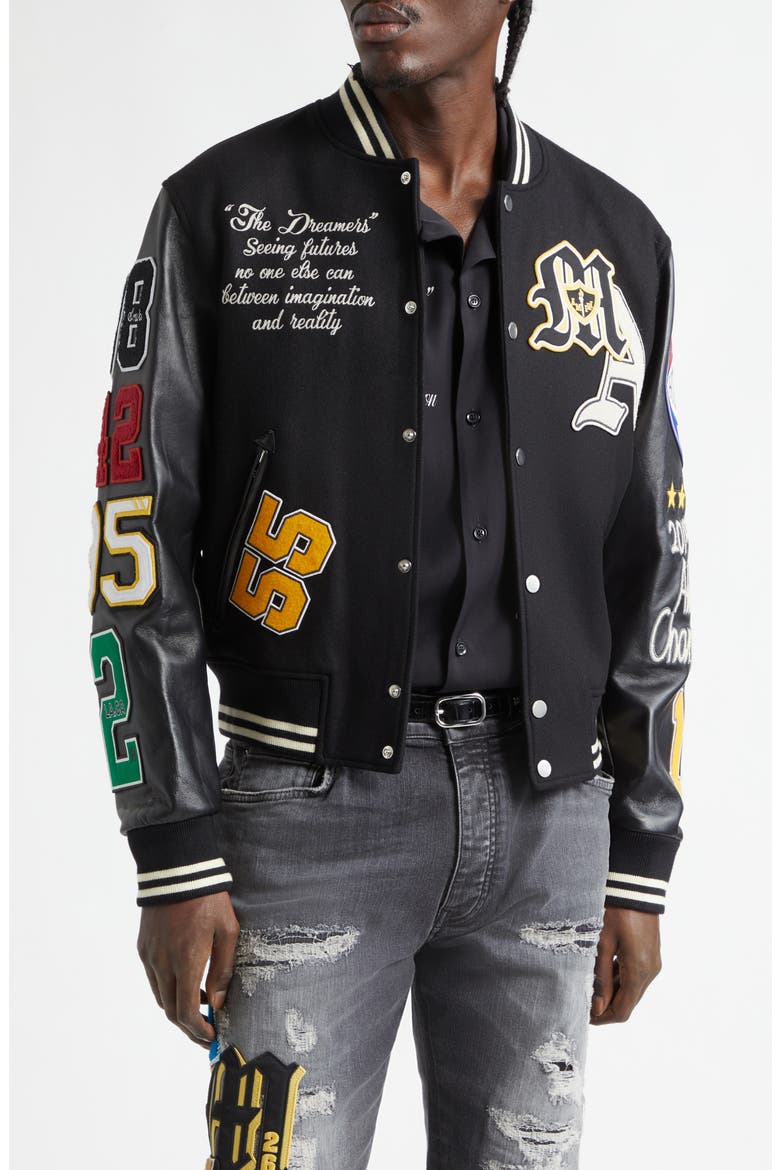 Varsity Patch Wool Blend & Leather Jacket, Main, color, BLACK