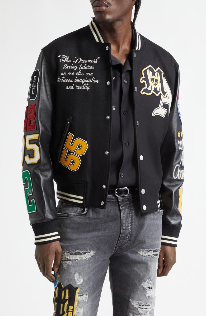 AMIRI Varsity Patch Wool Blend & Leather Jacket, Main, color, Black