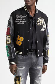 AMIRI Varsity Patch Wool Blend & Leather Jacket