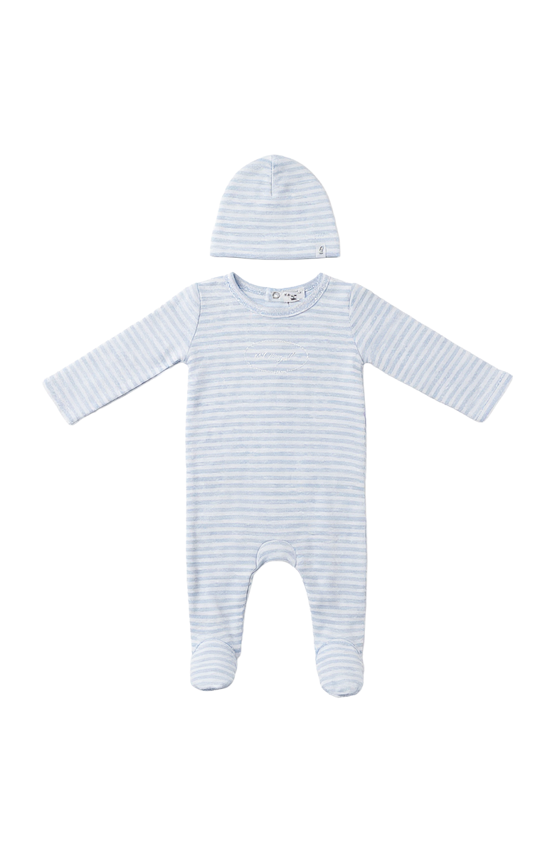 Little Fragile Boy Stripe Pointelle Long Sleeve Embroidered Romper and Hat Set, Main, color, Blue